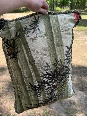 Vintage Needlepoint Bamboo Pillow Green Tapestry Asian Chinoiserie Decor 20”